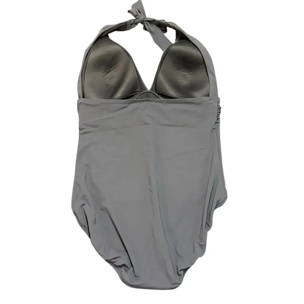 Lands End Womean charcoal gray lounge v-neck one-piece halter swimsuit, Size 14
